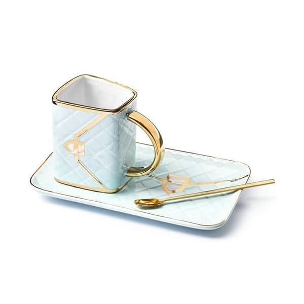 Mugg med tallrik och sked - Elegans - Blå och guld - Kuddväska - 300 ml - Chic