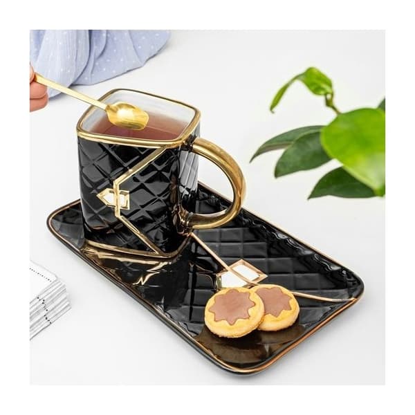 Mugg med Tallrik och Sked - Chic - Svart och Guld - Porslin - 300 ml - Originaldesign