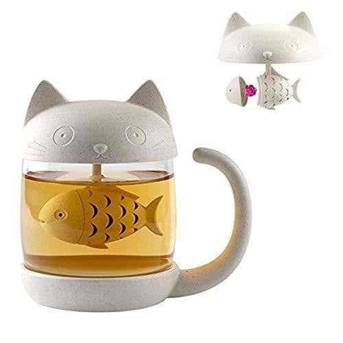 Kattglas tekopp, vattenflaska med fiskformad teinfuserare, silfilter kaffekopp 250 ml