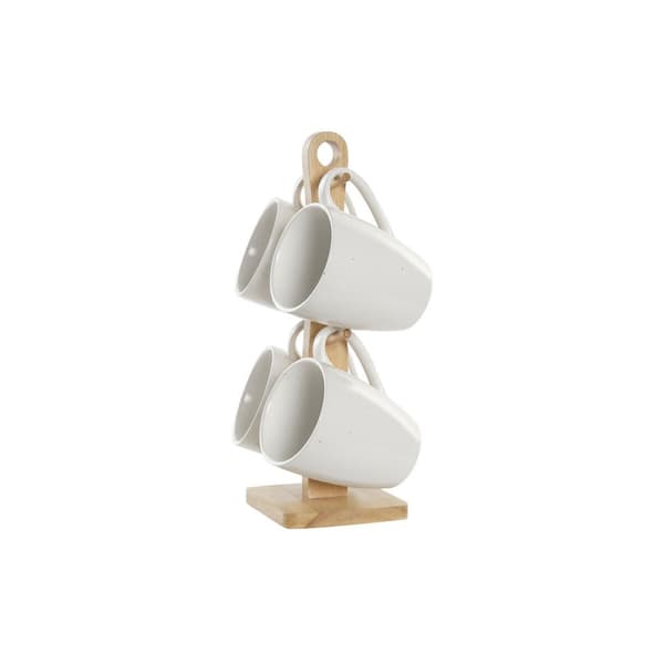 Set med 4 muggar DKD Home Decor Vit Naturell Gummiträ Stengods 300 ml 19 x 13 x 31 cm