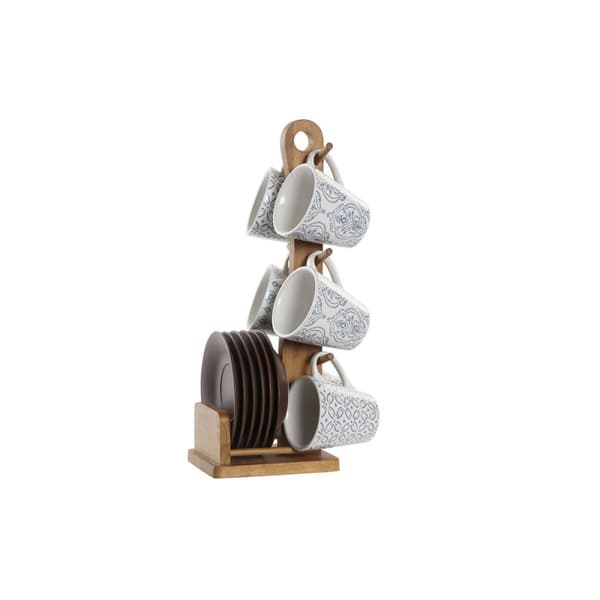 Set med kaffekoppar DKD Home Decor Blå Vit Brun Gummiträ Stengods 150 ml