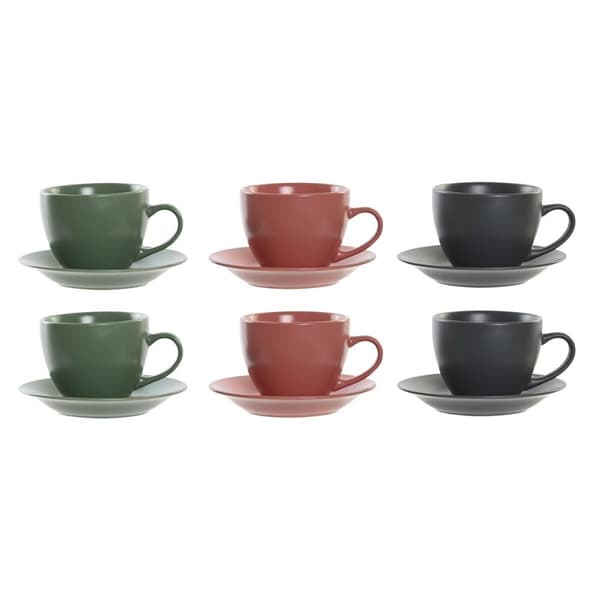 Set med 6 koppar och fat DKD Home Decor Grön Rosa Mörkgrå Stengods 150 ml 16 x 17 x 35 cm