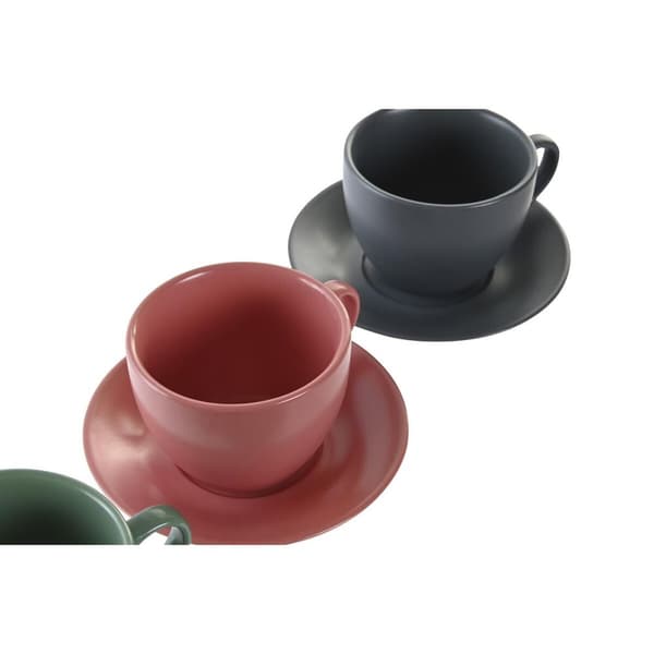 Set med 6 koppar och fat DKD Home Decor Grön Rosa Mörkgrå Stengods 150 ml 16 x 17 x 35 cm