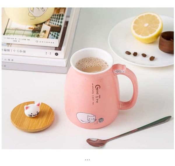 Kattmugg, söt keramisk kaffemugg med skedlock för Lovely Kitty i rostfritt stål, 380 ml