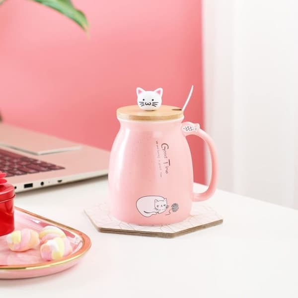 Kattmugg, söt keramisk kaffemugg med skedlock för Lovely Kitty i rostfritt stål, 380 ml