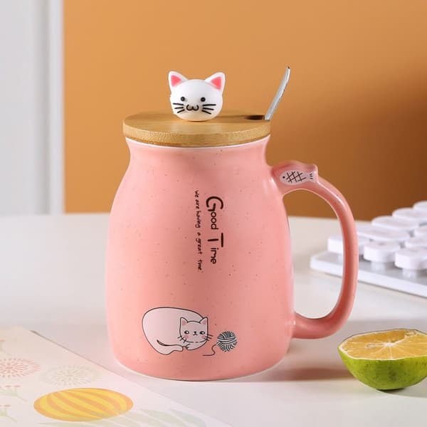 Kattmugg, söt keramisk kaffemugg med skedlock för Lovely Kitty i rostfritt stål, 380 ml