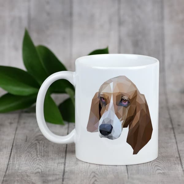 Basset Hound - muki, jossa on valokuva ja merkintä geometrisesta Art-Dog koirasta