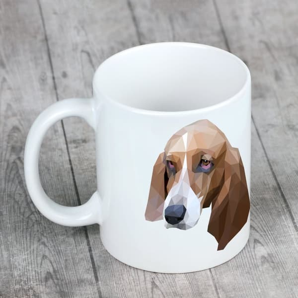 Basset Hound - muki, jossa on valokuva ja merkintä geometrisesta Art-Dog koirasta