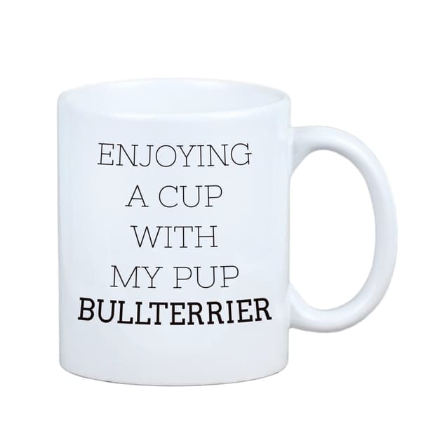 Bullterrieri, Bullterrieri - muki, jossa on valokuva ja merkintä geometrisesta Art-Dog koirasta