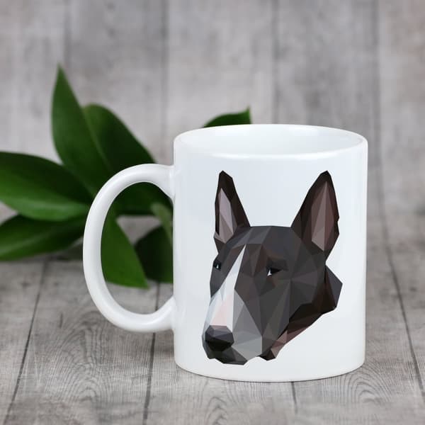 Bullterrieri, Bullterrieri - muki, jossa on valokuva ja merkintä geometrisesta Art-Dog koirasta
