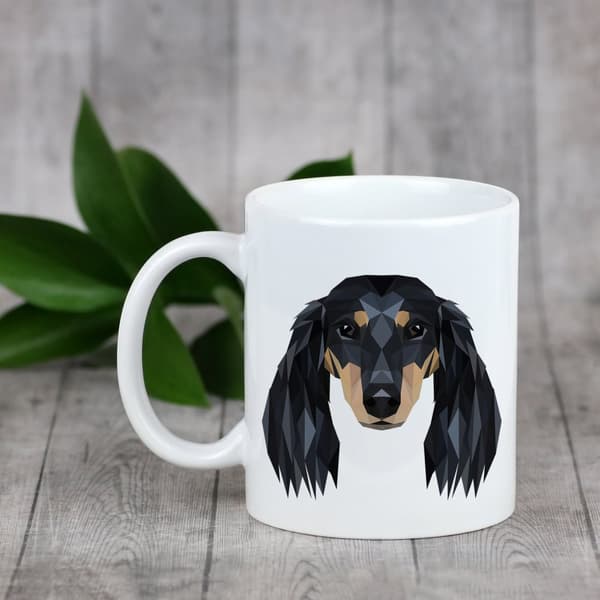 Långhårig tax - mugg med foto och inskriptionen geometrisk hund Art-Dog