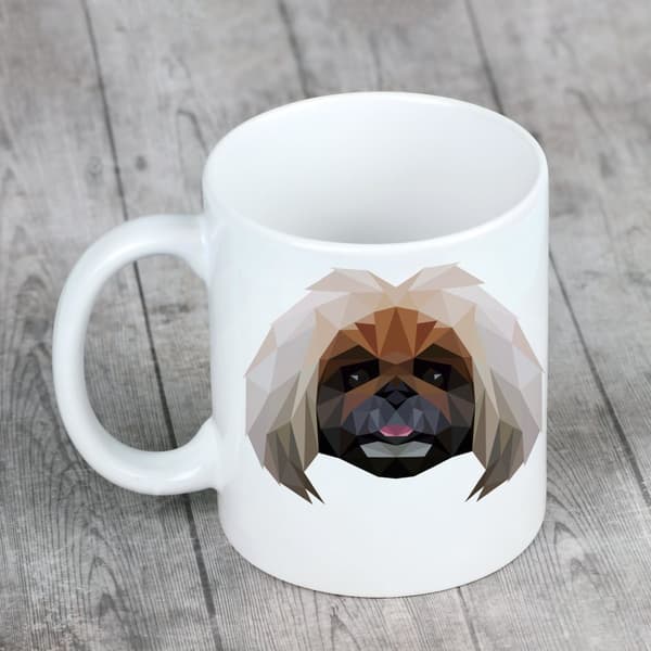 Pekingilainen - muki, jossa on valokuva ja teksti geometrinen koira Art-Dog