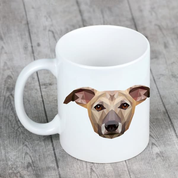 Whippet, engelsk vinthund - mugg med ett foto och inskriptionen av en geometrisk konsthundhund