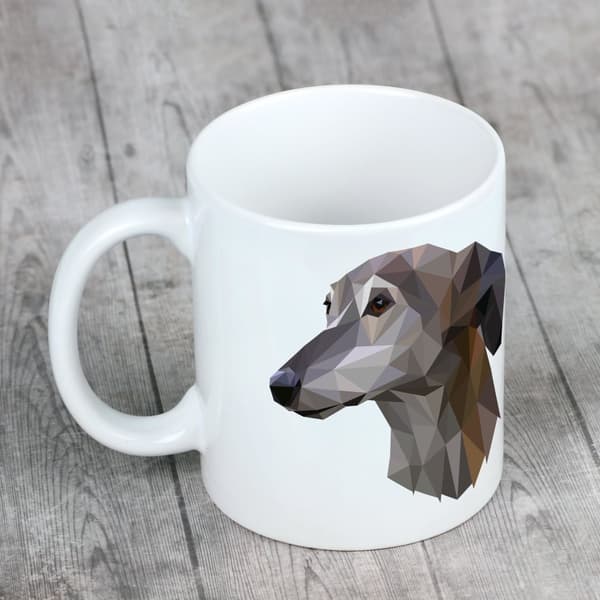 Greyhound, engelsk Greyhound - krus med et foto og inskriptionen af en geometrisk Art-Dog hund