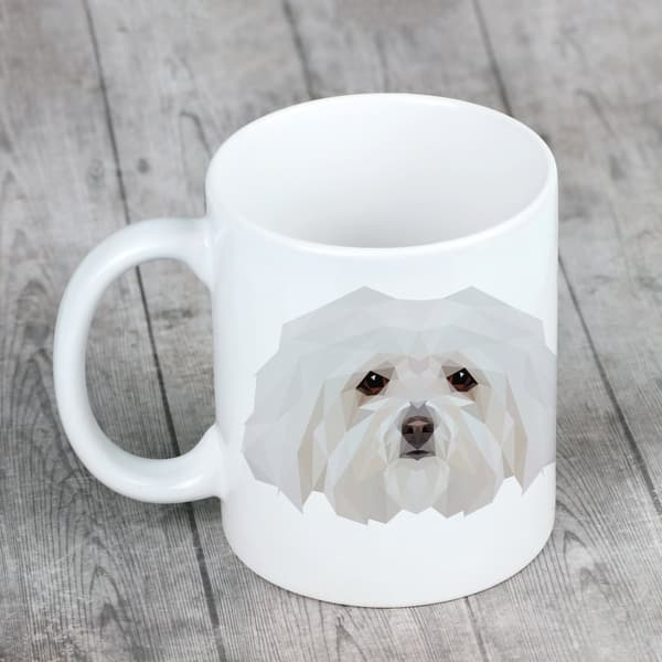 Bolognese, Bolognese - muki, jossa on valokuva ja merkintä geometrisesta Art-Dog koirasta