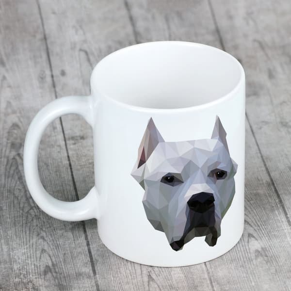 Argentiinalainen koira, Dogo Argentino - muki, jossa on valokuva ja merkintä geometrinen koira Art-Dog