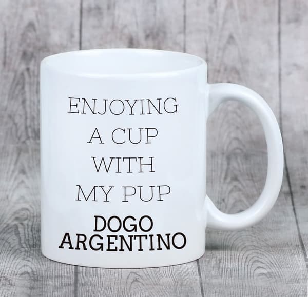Argentiinalainen koira, Dogo Argentino - muki, jossa on valokuva ja merkintä geometrinen koira Art-Dog