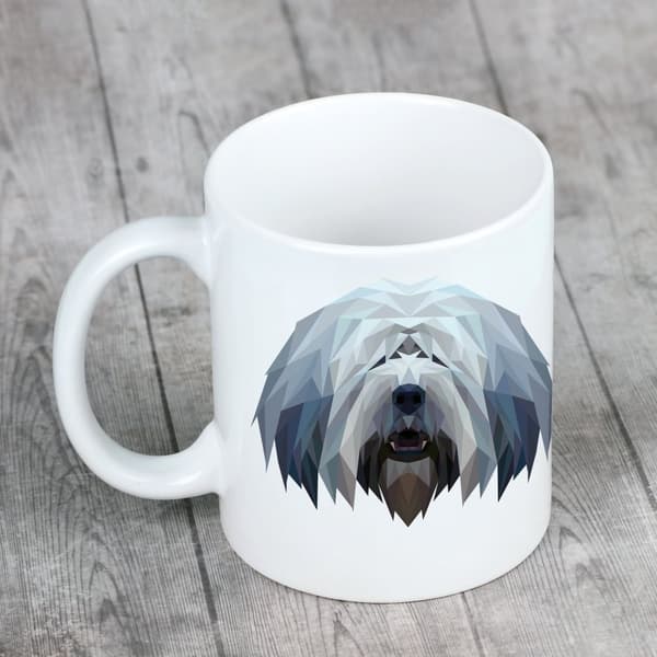 Puolan alamaanlammaskoira, PON - muki, jossa on valokuva ja merkintä geometrinen koira Art-Dog