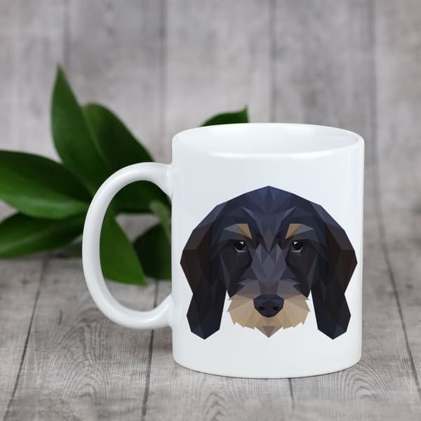 Teckel-karvainen - muki, jossa on valokuva ja kirjoitus geometrisesta Art-Dog-koirasta