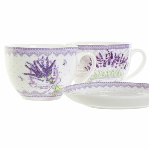 Kuppi ja lautanen DKD Home Decor Valkoinen Vihreä Liila Posliini 220 ml (2 osaa)
