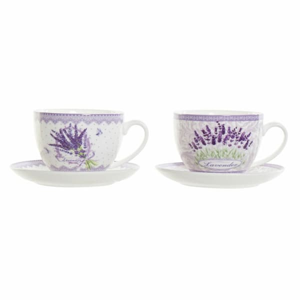 Kuppi ja lautanen DKD Home Decor Valkoinen Vihreä Liila Posliini 220 ml (2 osaa)