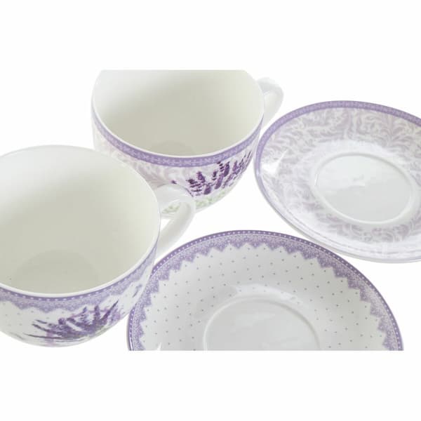 Kuppi ja lautanen DKD Home Decor Valkoinen Vihreä Liila Posliini 220 ml (2 osaa)