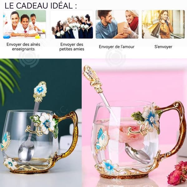 INN Glas 350ml Emalj Blomma Tekopp Vattenkopp Hushållsglas Presentförpackning Blå Krysantemum Glas Transparent kopp