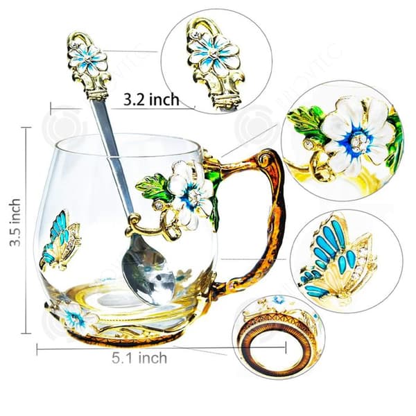 INN Glas 350ml Emalj Blomma Tekopp Vattenkopp Hushållsglas Presentförpackning Blå Krysantemum Glas Transparent kopp