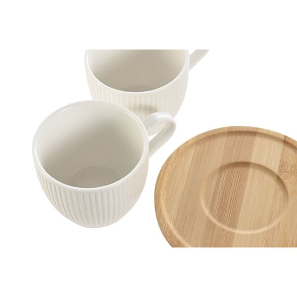 Set med 6 koppar och fat Home ESPRIT Vit Naturell Bambu Porslin 220 ml