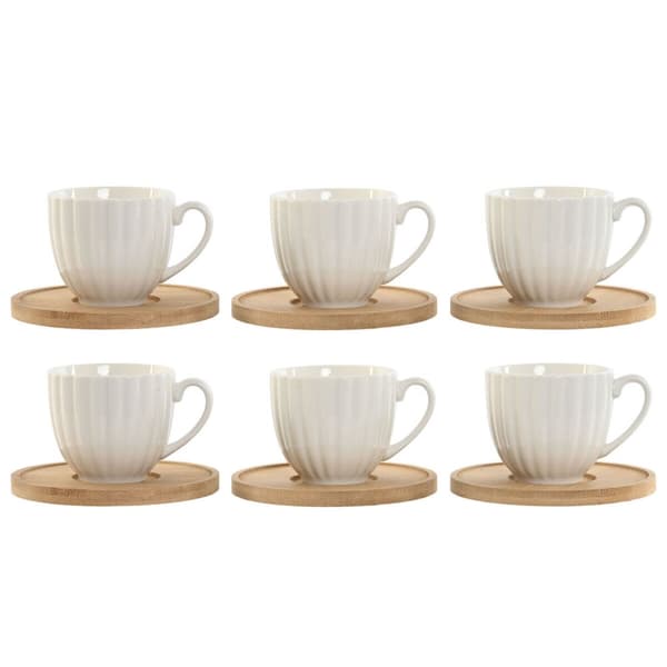 Set med 6 koppar och fat Home ESPRIT Vit Bambu Porslin 90 ml