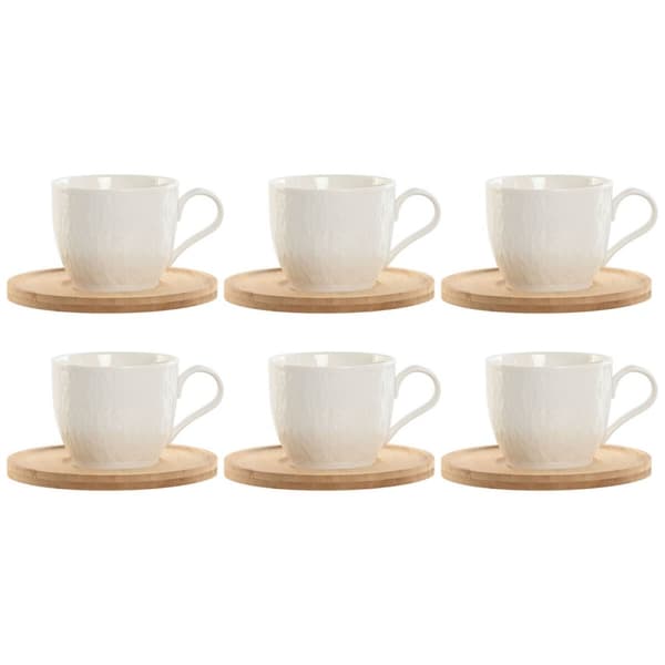 Setti 6 kuppia lautasilla Home ESPRIT Valkoinen Luonnollinen Bambu Posliini 220 ml