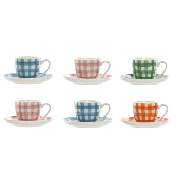 Sæt med 6 kopper og underkopper Home ESPRIT Blå Hvid Grøn Orange Pink Porcelæn 90 ml