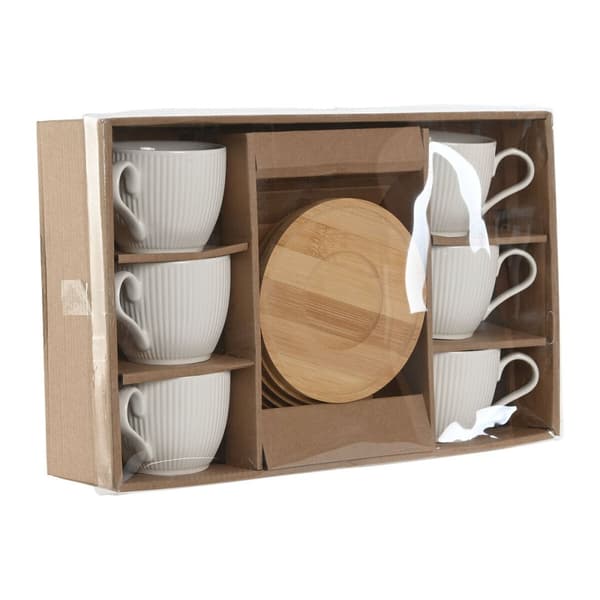 Sæt med 6 kopper og underkopper Home ESPRIT Hvid Natur Bambus Porcelæn 220 ml