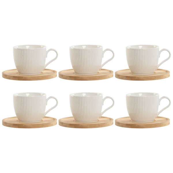 Sæt med 6 kopper og underkopper Home ESPRIT Hvid Natur Bambus Porcelæn 220 ml