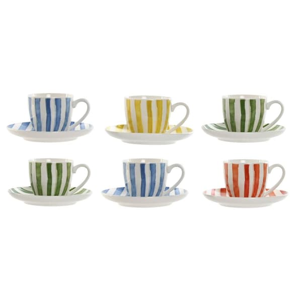 Set med 6 koppar och fat Home ESPRIT Gul Blå Grön Korall Porslin 90 ml