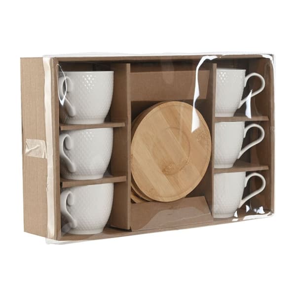 Sæt med 6 kopper og underkopper Home ESPRIT Hvid Natur Bambus Porcelæn 220 ml