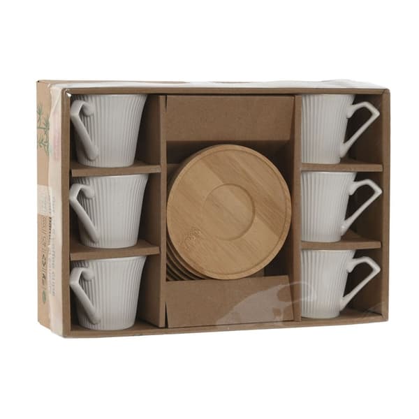 Setti 6 kuppia lautasilla Home ESPRIT Valkoinen Bambu Posliini 90 ml