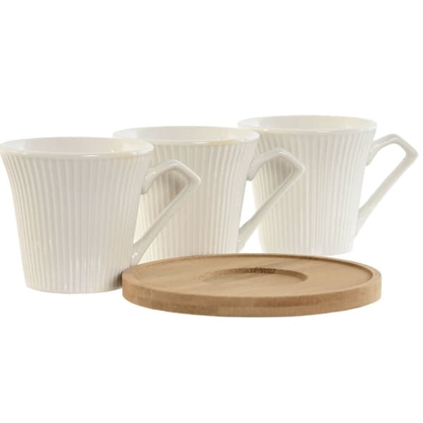 Setti 6 kuppia lautasilla Home ESPRIT Valkoinen Bambu Posliini 90 ml
