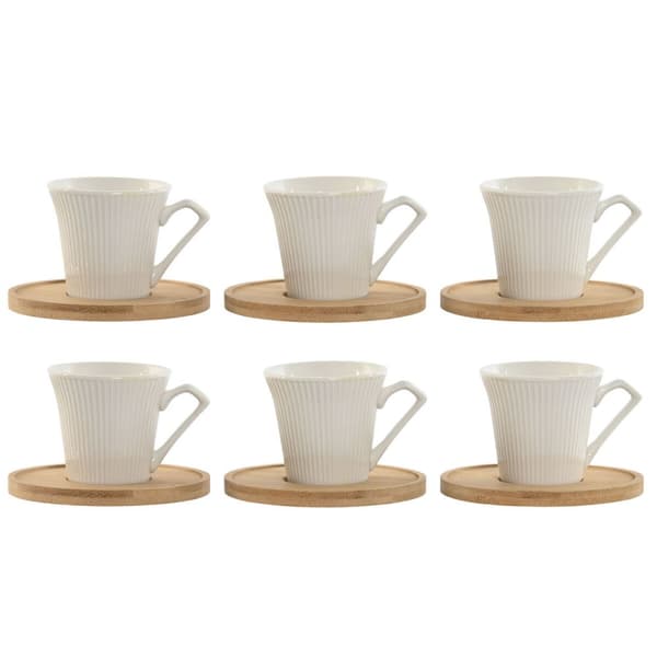 Setti 6 kuppia lautasilla Home ESPRIT Valkoinen Bambu Posliini 90 ml