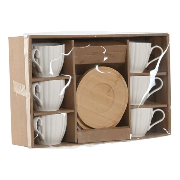 Setti 6 kuppia lautasilla Home ESPRIT Valkoinen Luonnollinen Bambu Posliini 220 ml
