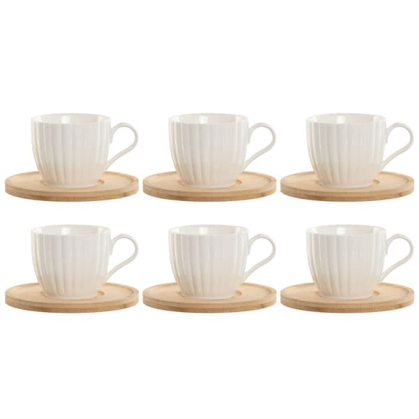 Setti 6 kuppia lautasilla Home ESPRIT Valkoinen Luonnollinen Bambu Posliini 220 ml