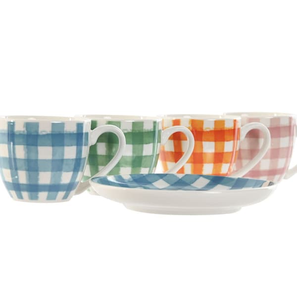 Sæt med 6 kopper og underkopper Home ESPRIT Blå Hvid Grøn Orange Pink Porcelæn 90 ml