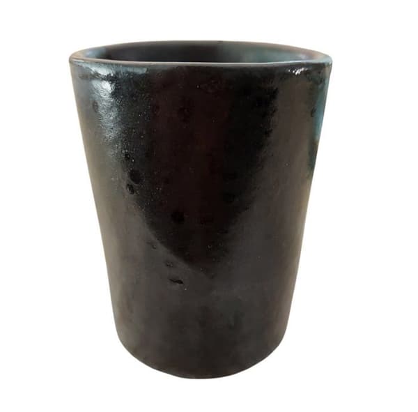 Pintocer - Set med 2 keramiska espressokoppar i svart stengods utan handtag med blått fat, set med 2