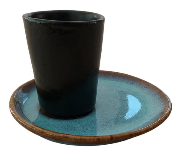 Pintocer - Set med 2 keramiska espressokoppar i svart stengods utan handtag med blått fat, set med 2