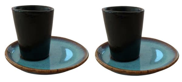 Pintocer - Set med 2 keramiska espressokoppar i svart stengods utan handtag med blått fat, set med 2