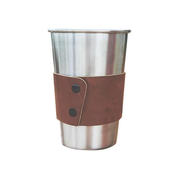 Campingmugg för utomhusbruk Vattenmugg i rostfritt stål Anti-skållning med läderfodral*350ml