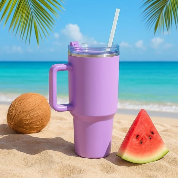 Mug Termisk 1100ml med Sugrör och Handtag – Vattentät och Tvättbar - Färg Lila