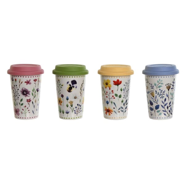 Kopp med locket DKD Home Decor Multicolour Virágok 400 ml (4 antal)