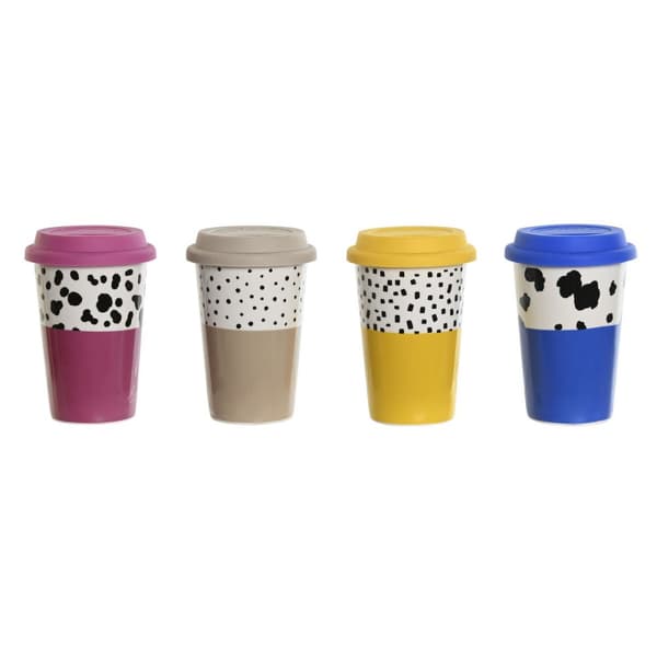 Kannellinen kuppi DKD Home Decor Monivärinen eläimet Kaupunki 400 ml (4 osaa)