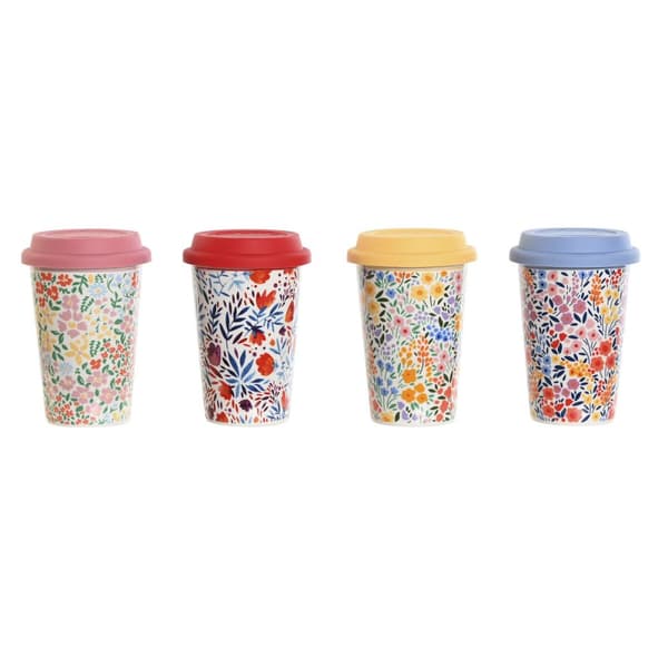 Kopp med locket DKD Home Decor Multicolour Virágok 400 ml (4 antal)